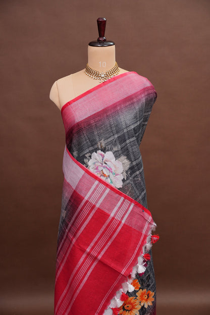 Digital Printed Pure Linen Saree - Grey