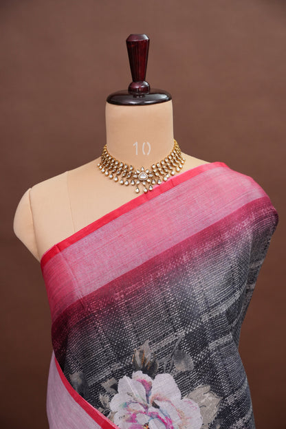 Digital Printed Pure Linen Saree - Grey