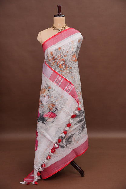 Digital Printed Pure Linen Saree - Half White