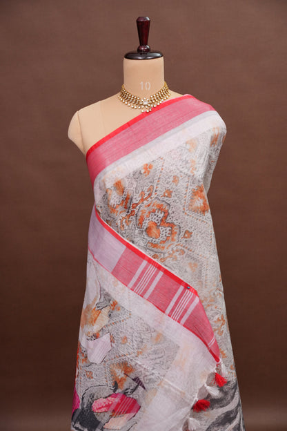 Digital Printed Pure Linen Saree - Half White