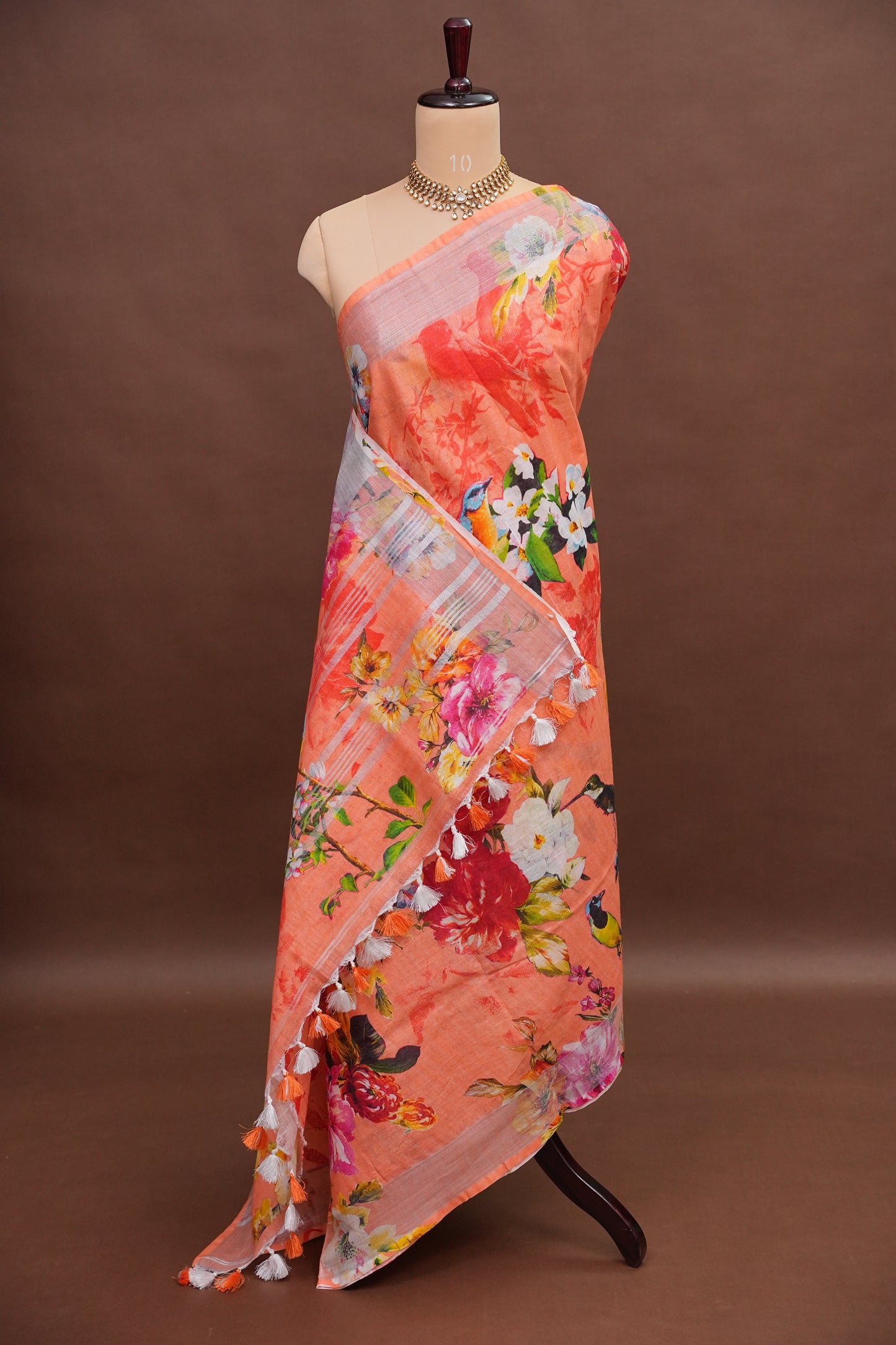 Digital Printed Pure Linen Saree - Light Orange