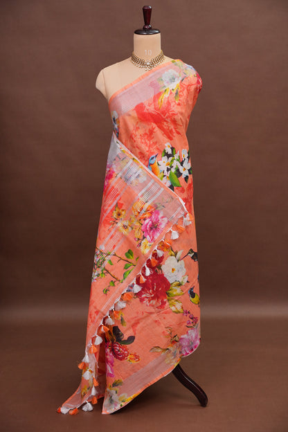 Digital Printed Pure Linen Saree - Light Orange