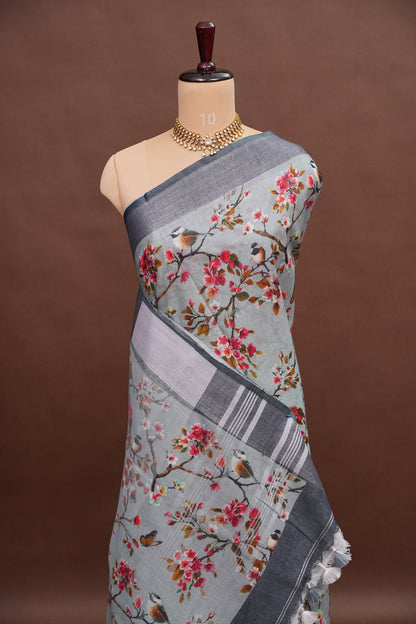 Digital Printed Pure Linen Saree - Powder Blue