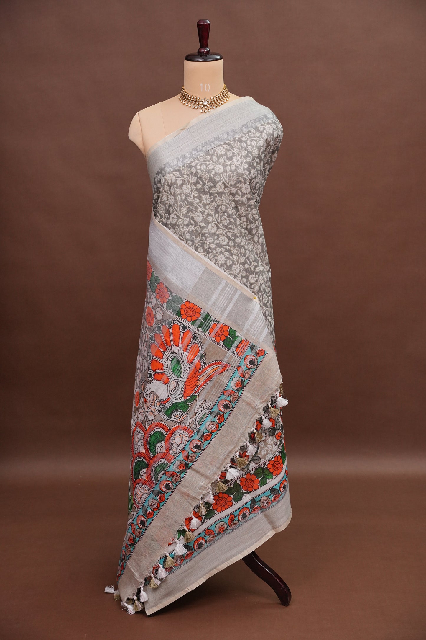 Digital Printed Pure Linen Saree - Half White