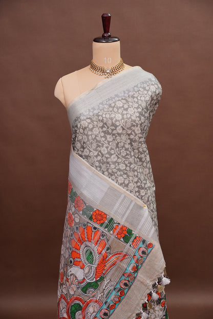 Digital Printed Pure Linen Saree - Half White