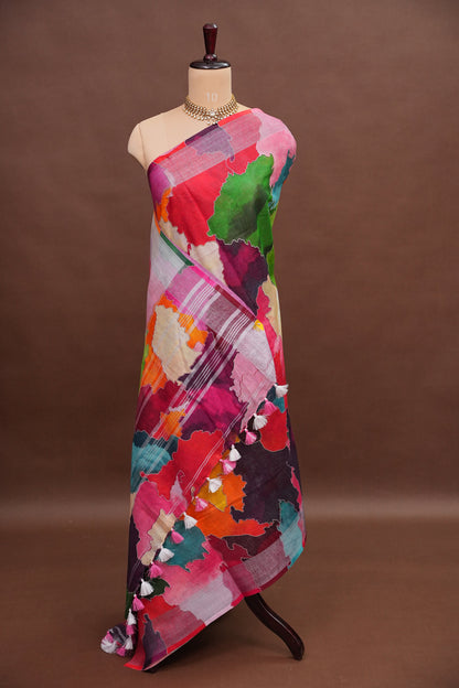 Digital Printed Pure Linen Saree - Multicolor