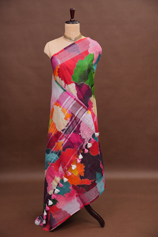 Digital Printed Pure Linen Saree - Multicolor