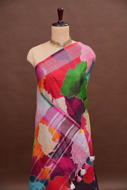 Digital Printed Pure Linen Saree - Multicolor