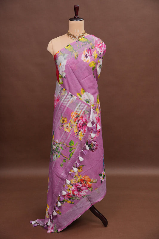 Digital Printed Pure Linen Saree - Pink