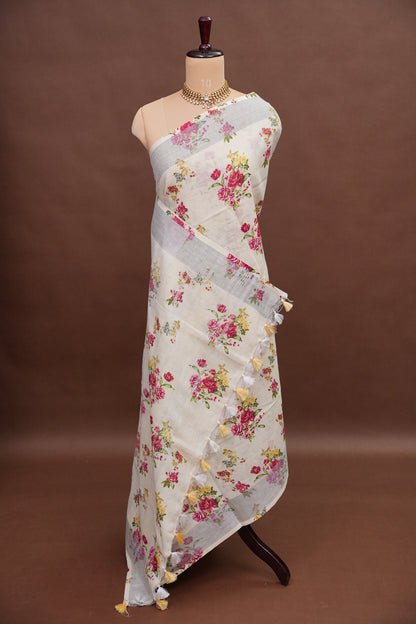 Digital Printed Pure Linen Saree - Beige