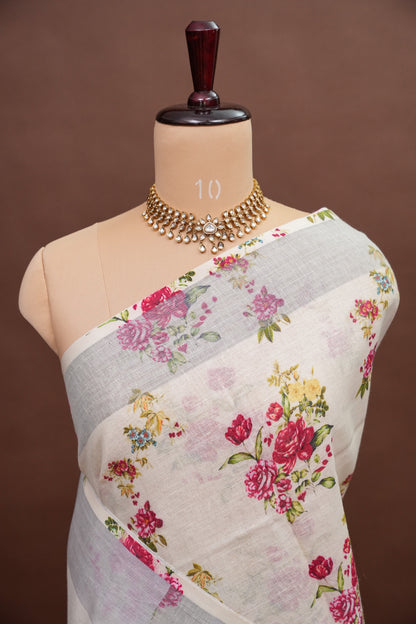 Digital Printed Pure Linen Saree - Beige