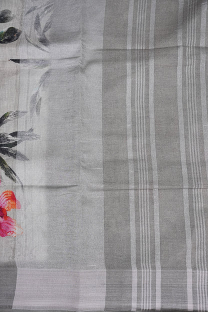 Digital Printed Pure Linen Saree - White & Grey