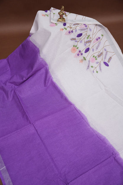 Hand Embroidery Pure Linen Saree With Tissue Border - Purple and White Ombre