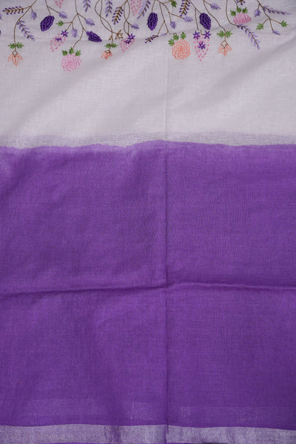 Hand Embroidery Pure Linen Saree With Tissue Border - Purple and White Ombre