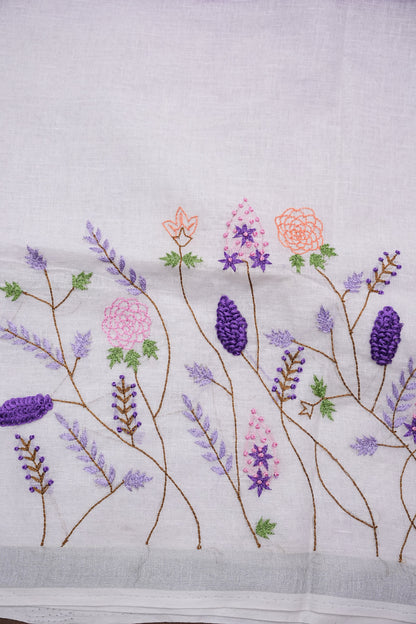 Hand Embroidery Pure Linen Saree With Tissue Border - Purple and White Ombre