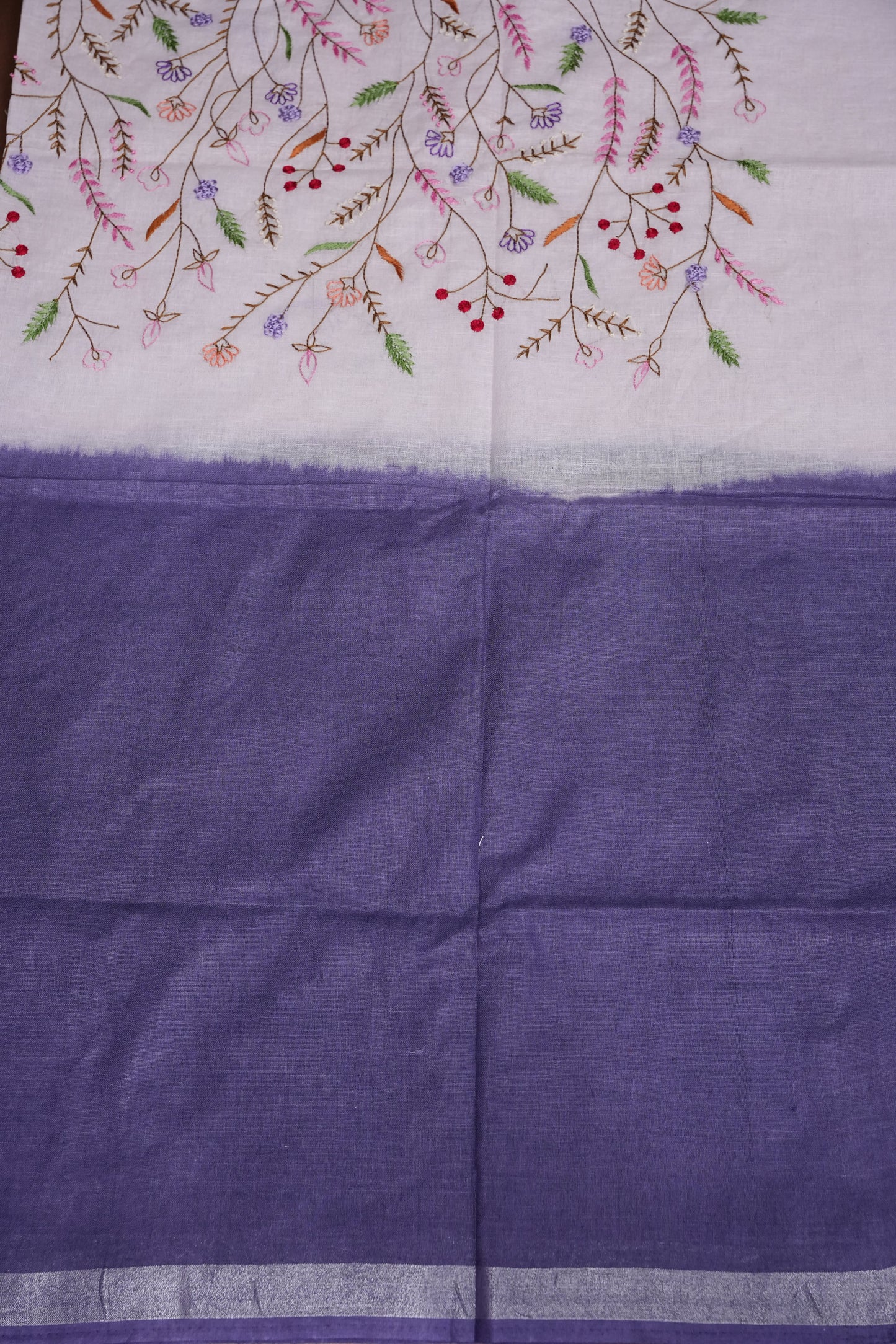 Hand Embroidery Pure Linen Saree With Tissue Border - Navy Blue and White Ombre