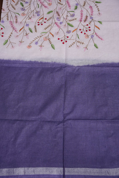 Hand Embroidery Pure Linen Saree With Tissue Border - Navy Blue and White Ombre