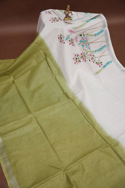 Hand Embroidery Pure Linen Saree With Tissue Border - Olive Green and White Ombre