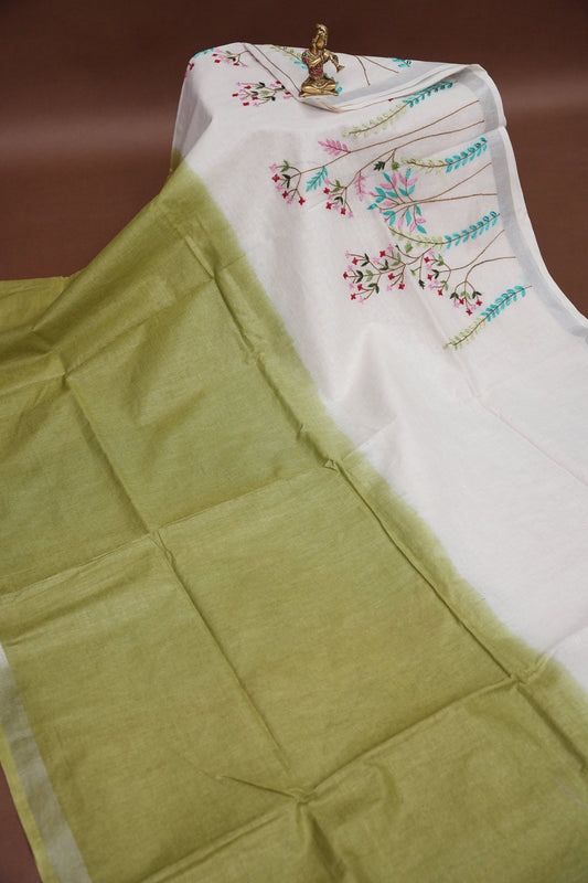 Hand Embroidery Pure Linen Saree With Tissue Border - Olive Green and White Ombre
