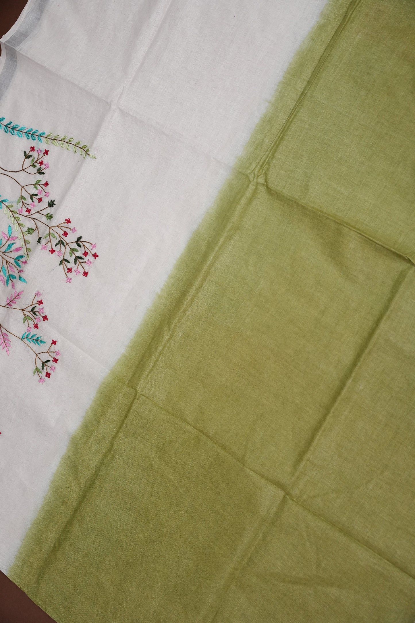 Hand Embroidery Pure Linen Saree With Tissue Border - Olive Green and White Ombre