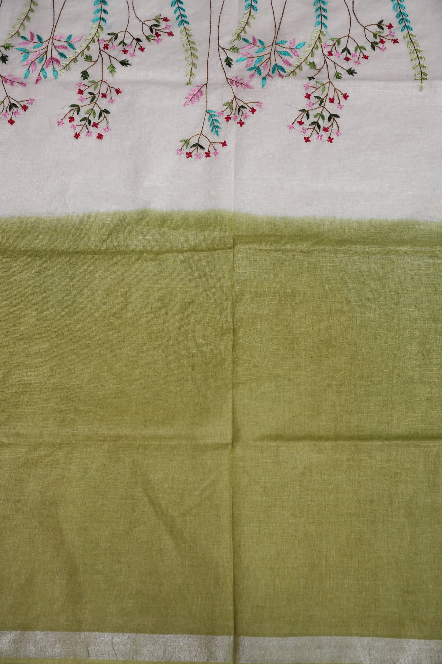 Hand Embroidery Pure Linen Saree With Tissue Border - Olive Green and White Ombre