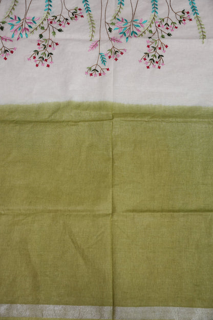 Hand Embroidery Pure Linen Saree With Tissue Border - Olive Green and White Ombre