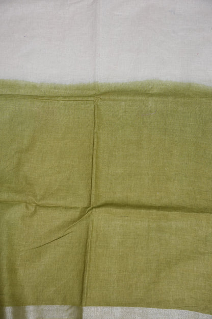 Hand Embroidery Pure Linen Saree With Tissue Border - Olive Green and White Ombre
