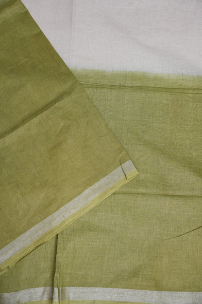 Hand Embroidery Pure Linen Saree With Tissue Border - Olive Green and White Ombre