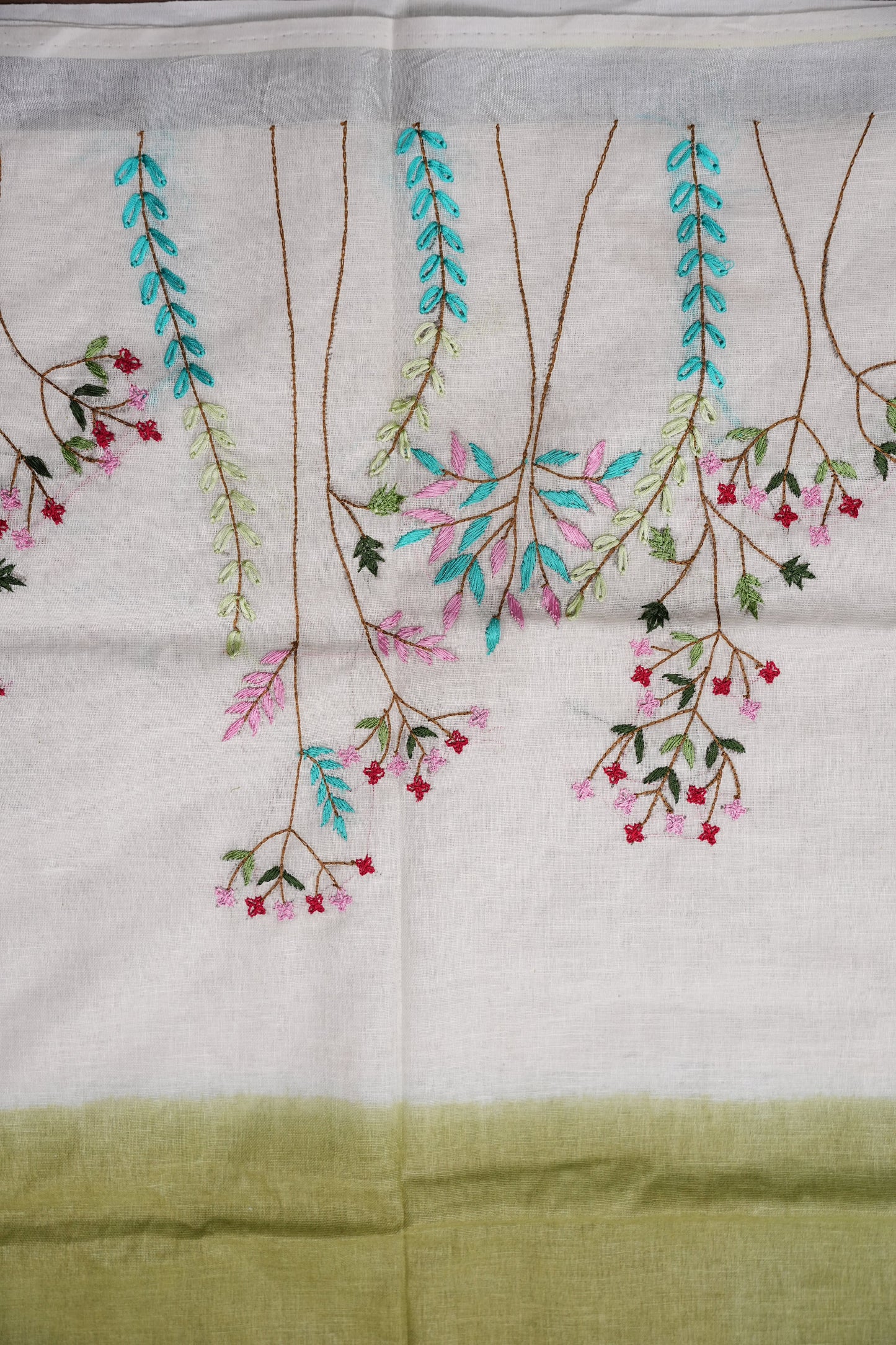 Hand Embroidery Pure Linen Saree With Tissue Border - Olive Green and White Ombre