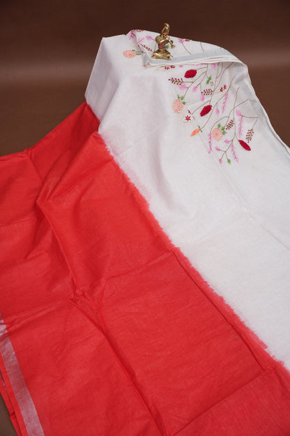 Hand Embroidery Pure Linen Saree With Tissue Border - Red and White Ombre