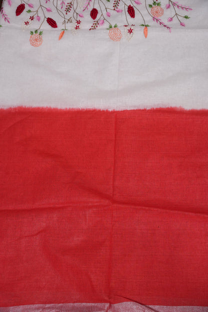 Hand Embroidery Pure Linen Saree With Tissue Border - Red and White Ombre