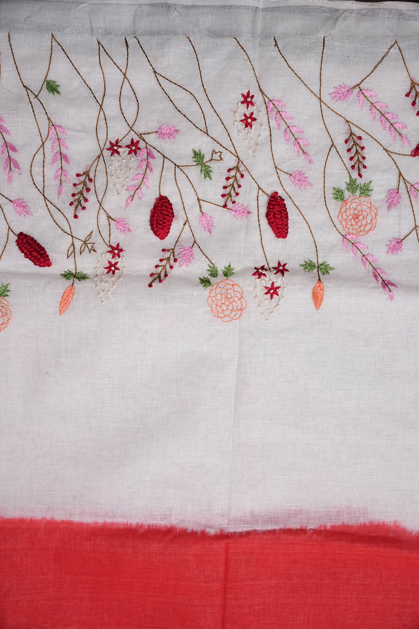 Hand Embroidery Pure Linen Saree With Tissue Border - Red and White Ombre