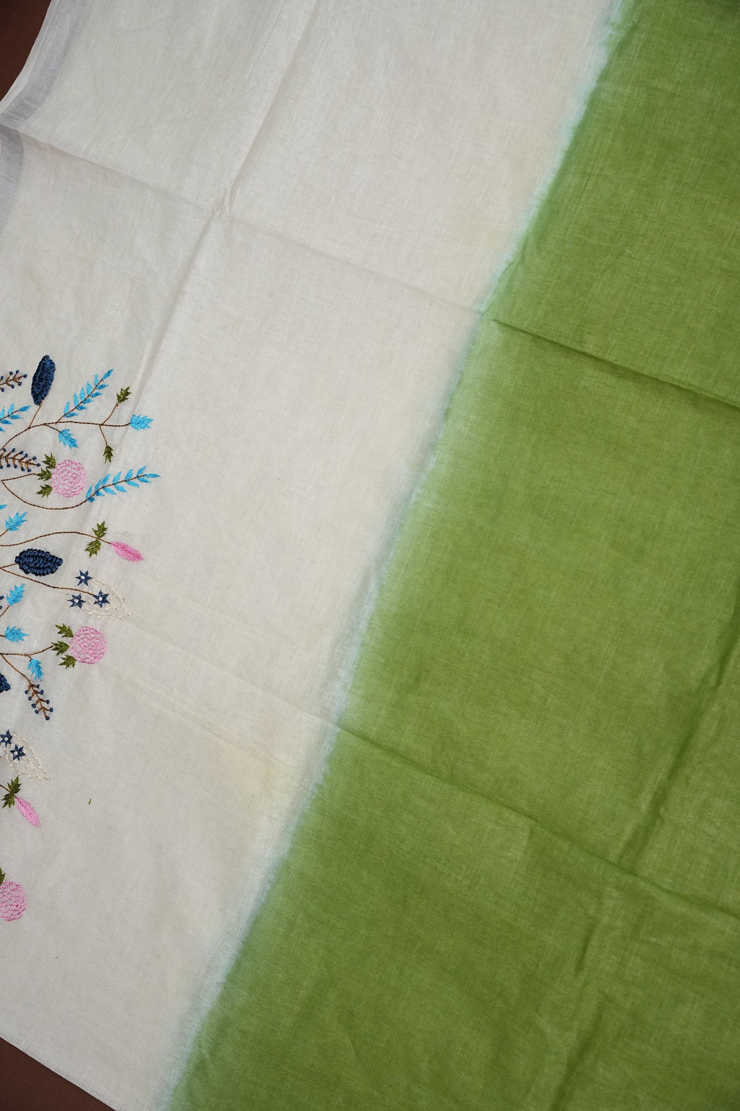 Hand Embroidery Pure Linen Saree With Tissue Border - Sage Green and White Ombre