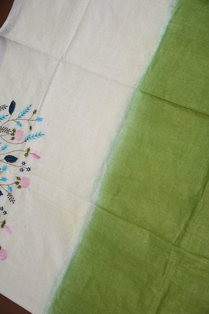 Hand Embroidery Pure Linen Saree With Tissue Border - Sage Green and White Ombre