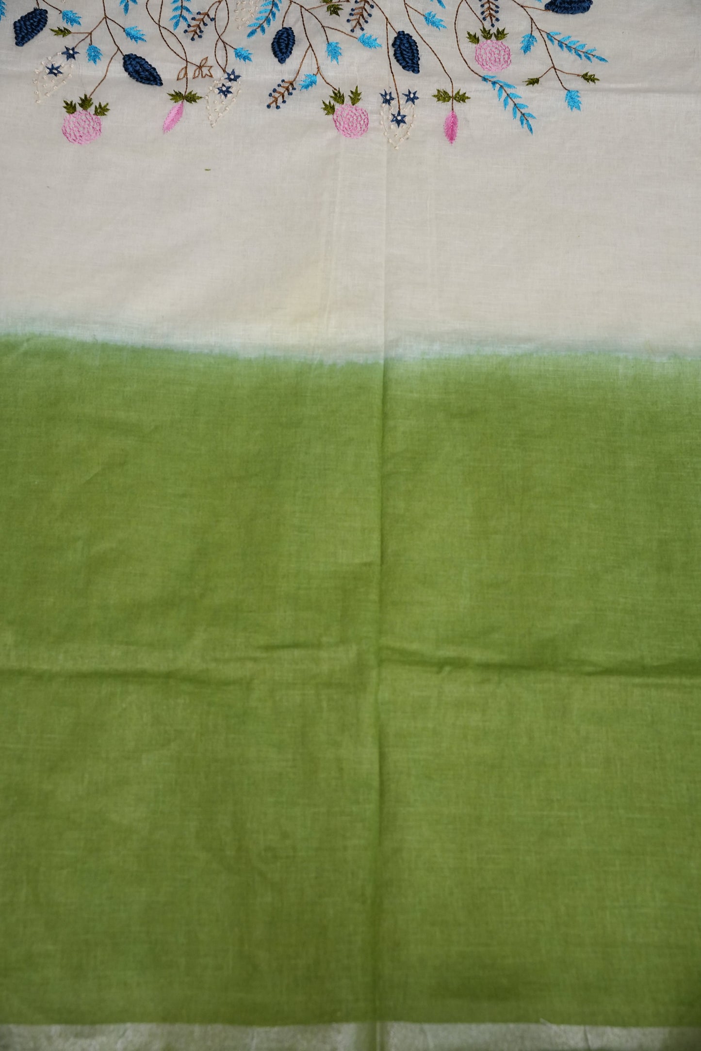 Hand Embroidery Pure Linen Saree With Tissue Border - Sage Green and White Ombre