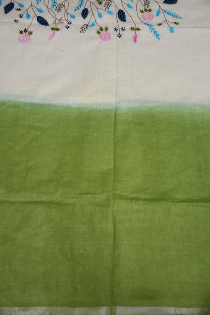 Hand Embroidery Pure Linen Saree With Tissue Border - Sage Green and White Ombre