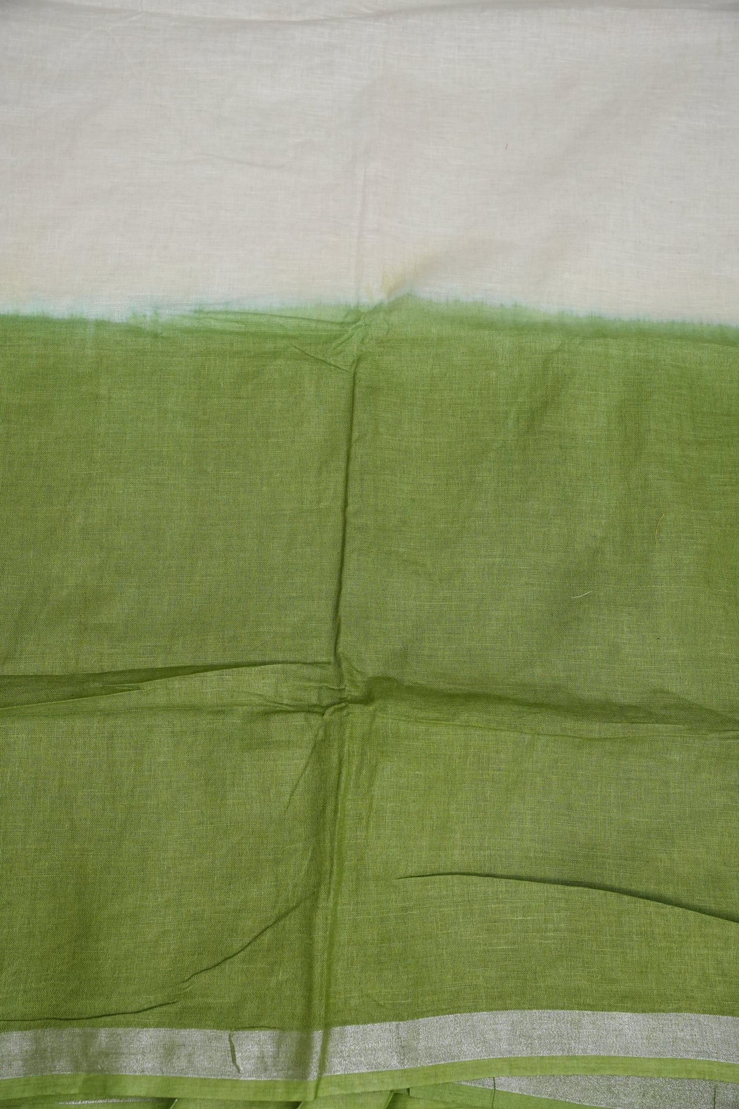 Hand Embroidery Pure Linen Saree With Tissue Border - Sage Green and White Ombre