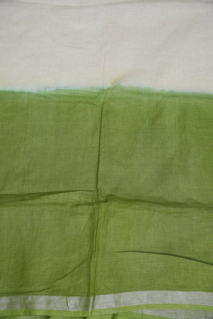 Hand Embroidery Pure Linen Saree With Tissue Border - Sage Green and White Ombre