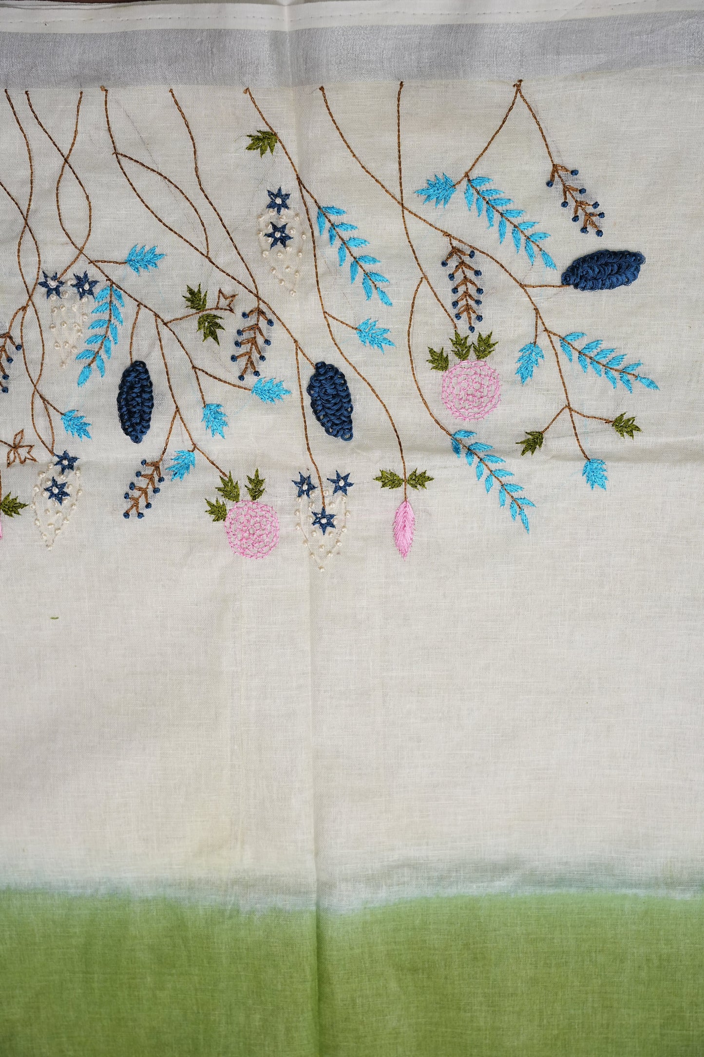 Hand Embroidery Pure Linen Saree With Tissue Border - Sage Green and White Ombre