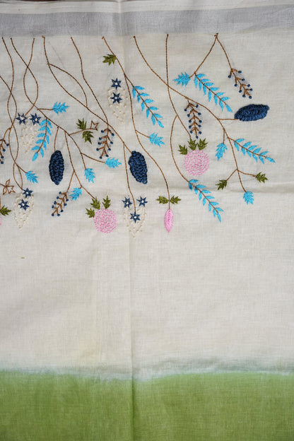 Hand Embroidery Pure Linen Saree With Tissue Border - Sage Green and White Ombre