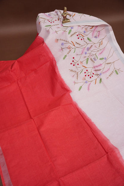 Hand Embroidery Pure Linen Saree with Tissue Border - Red & White Ombre