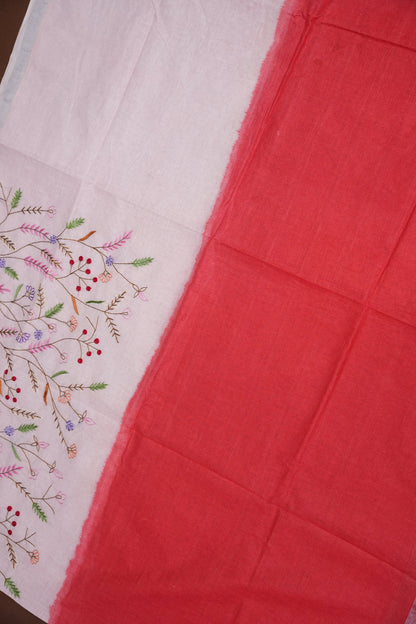 Hand Embroidery Pure Linen Saree with Tissue Border - Red & White Ombre