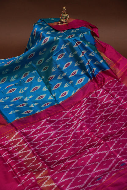 Pure Ikkat Soft Silk Saree - Turquoise Blue & Rani Pink