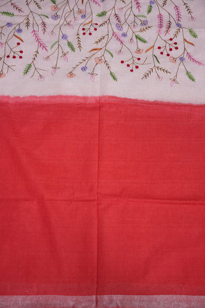 Hand Embroidery Pure Linen Saree with Tissue Border - Red & White Ombre