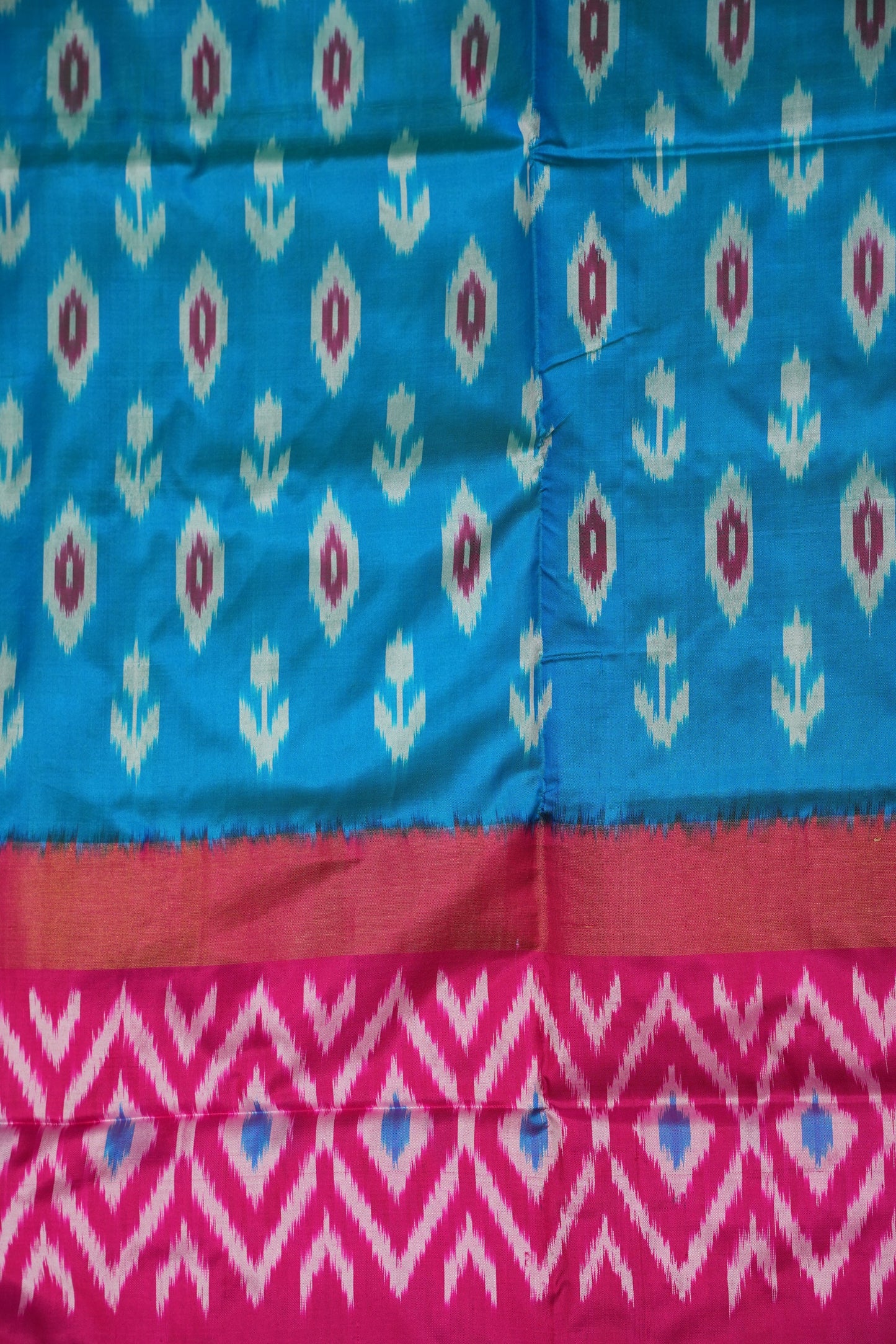 Pure Ikkat Soft Silk Saree - Turquoise Blue & Rani Pink