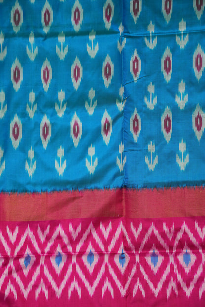 Pure Ikkat Soft Silk Saree - Turquoise Blue & Rani Pink