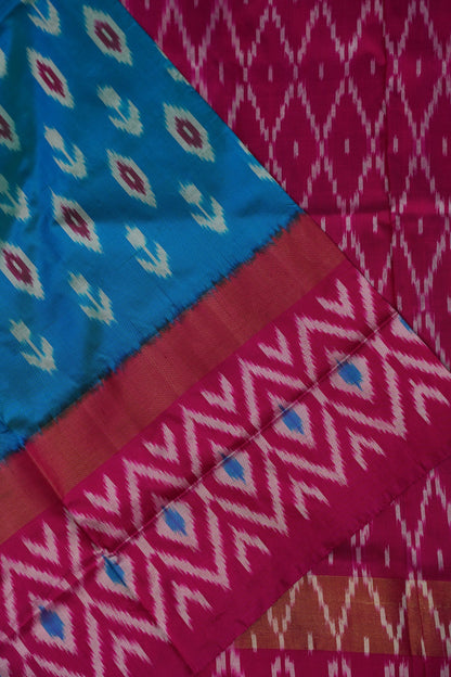 Pure Ikkat Soft Silk Saree - Turquoise Blue & Rani Pink