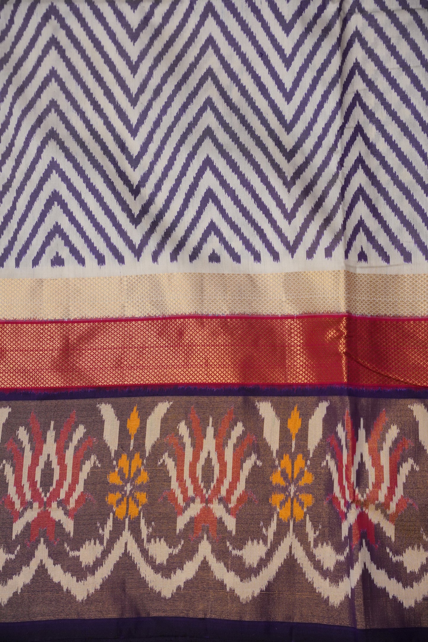 Pure Ikkat Soft Silk Saree - Ivory & Deep Purple