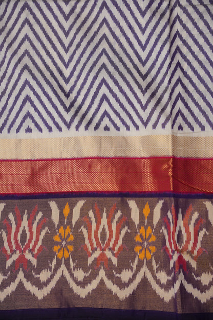 Pure Ikkat Soft Silk Saree - Ivory & Deep Purple