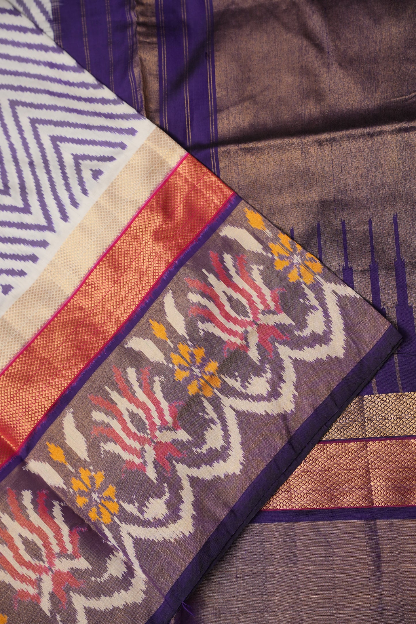 Pure Ikkat Soft Silk Saree - Ivory & Deep Purple